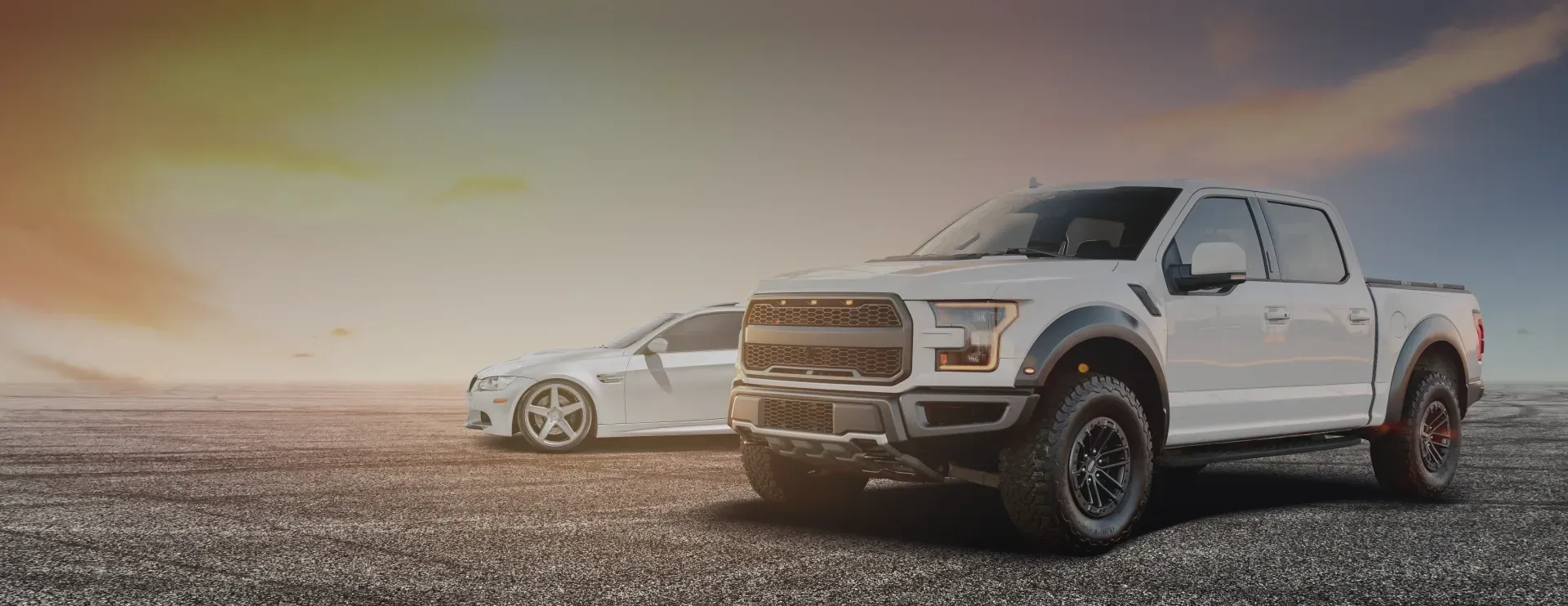 White truck and white car parked outside | Brake Time Auto Repair