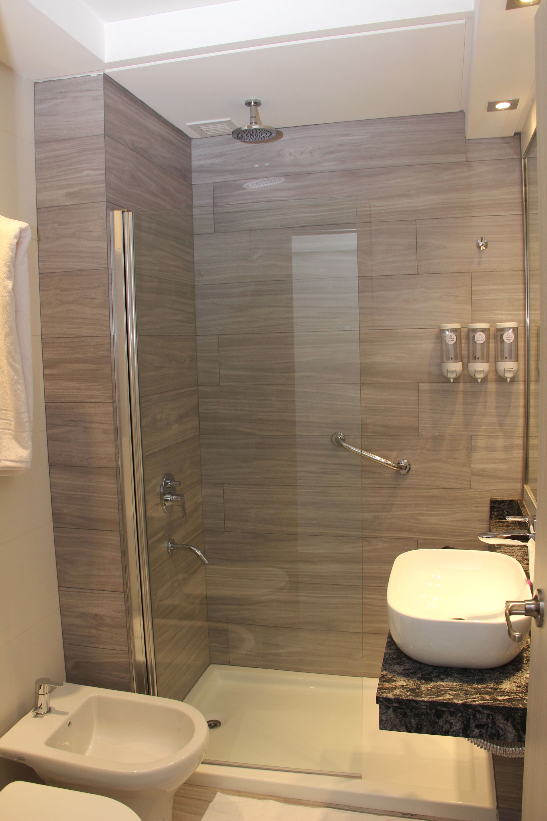 Un baño con inodoro, lavabo y ducha.