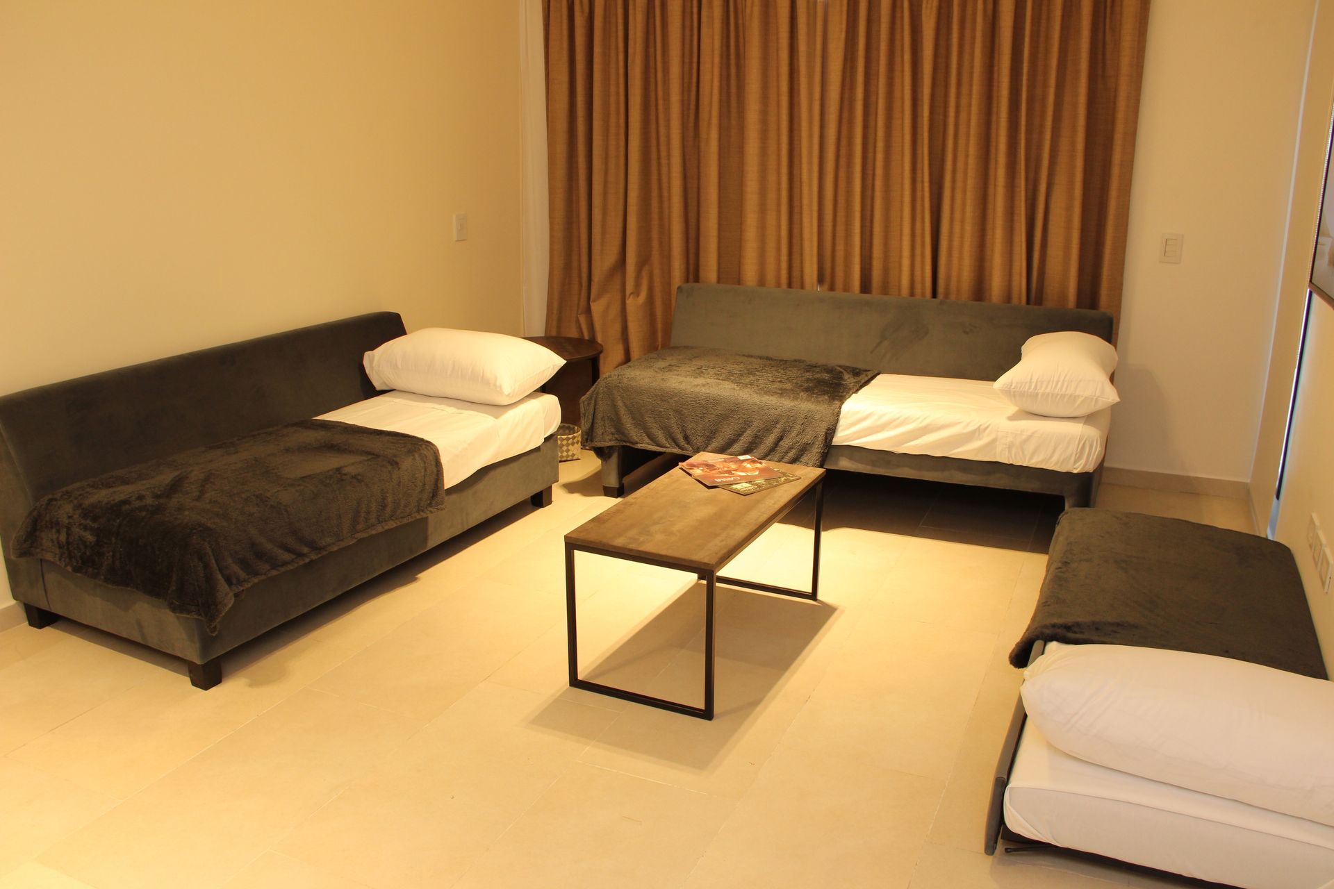 Una sala de estar con dos sofás y una mesa de café.