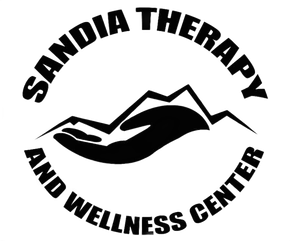 A black and white logo for sandia therapy and wellness center