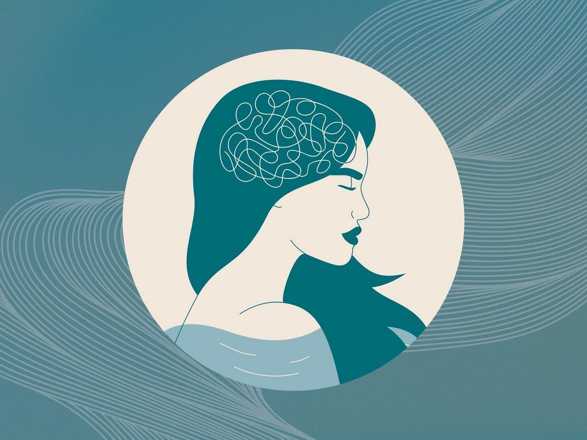 Illustration of a woman with tangled lines in her head, symbolizing ADHD challenges and mental health.