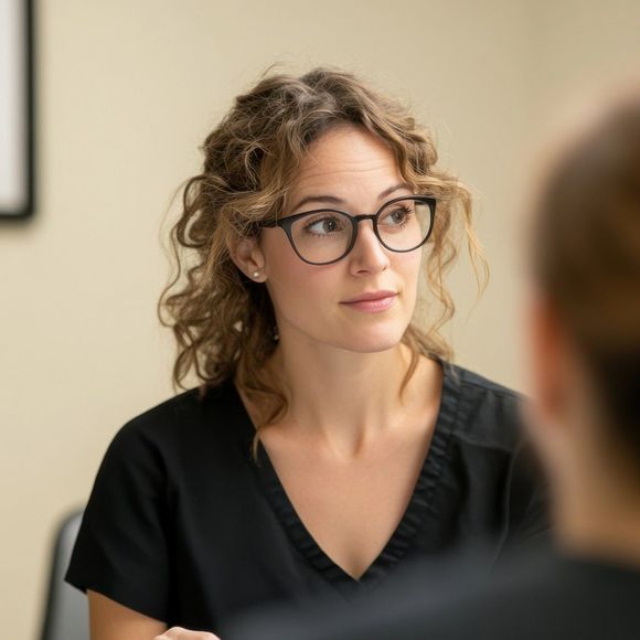 A woman wearing glasses and a black shirt is talking to another woman.
