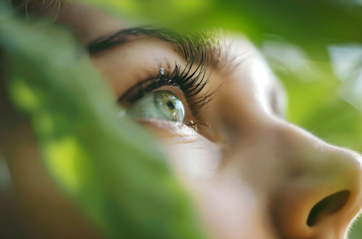 A close up of a woman 's eye looking through a tree branch.