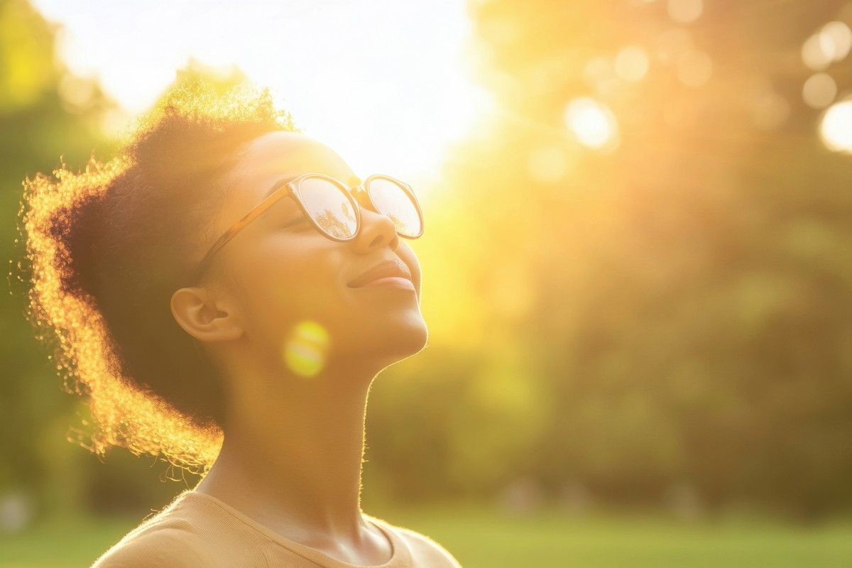 A woman wearing sunglasses is looking up at the sun.