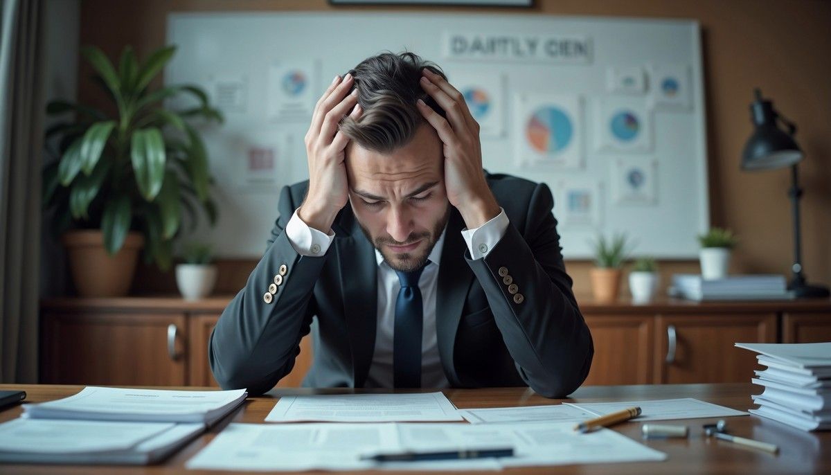 A man in a suit and tie is sitting at a desk with his hands on his head.