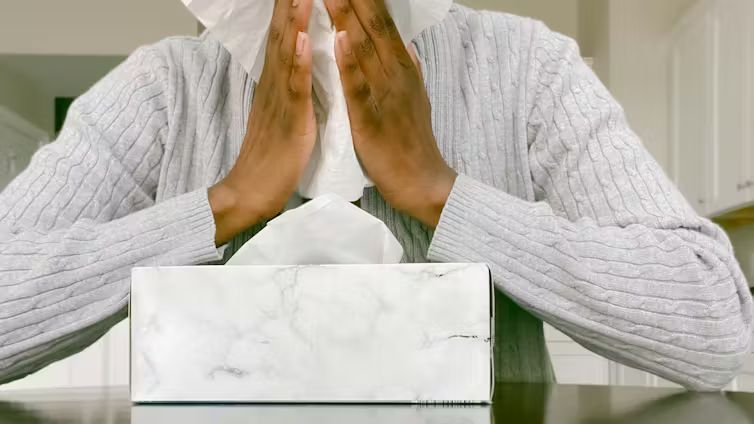 A person wearing a grey knit sweater holding a white tissue up to their face to blow their nose, wit