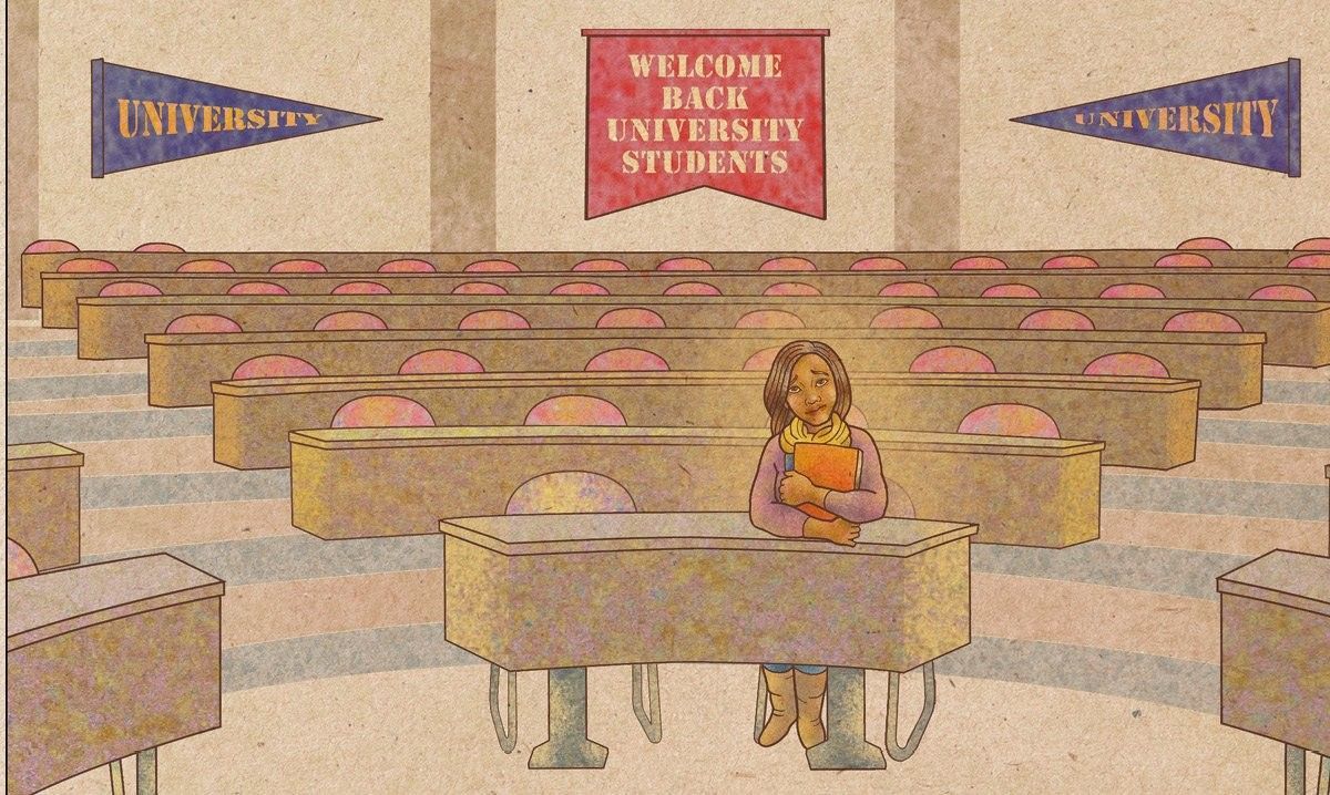 Illustration of a college student sitting alone in a classroom, symbolizing mental health and need for counseling.
