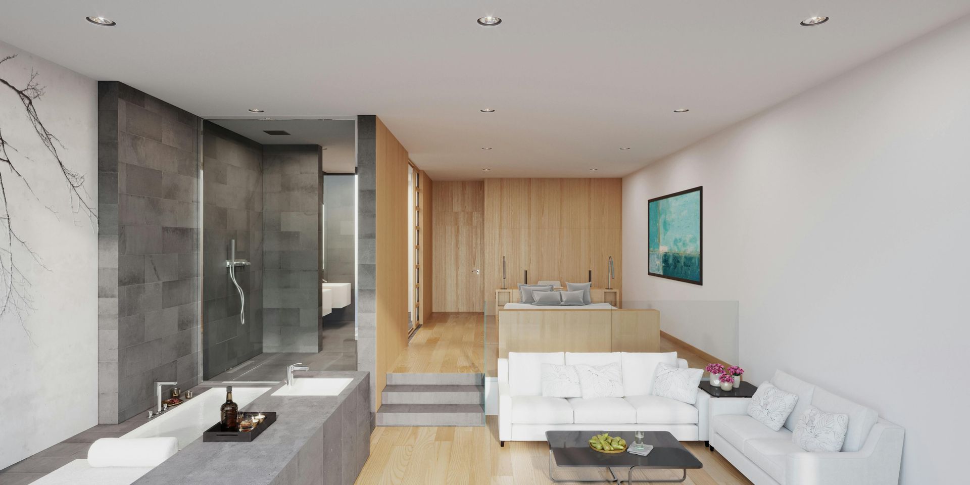 A living room with a couch and a bathtub