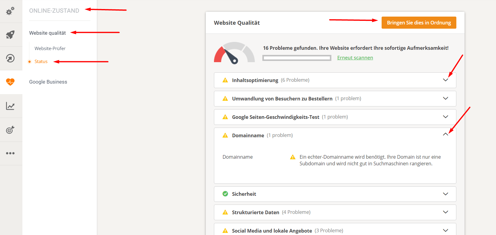 Dashboard mit Gesundheitscheck, Fortschrittsanzeige, mehreren Checklistenpunkten und einem „Exportieren in Tabellenkalkulation“-Button.