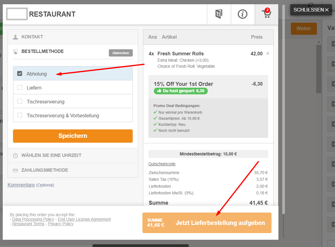 Bestellbildschirm des Restaurants. Zeigt Bestelldetails, Kontooptionen und die Schaltfläche „Bestellung absenden“.