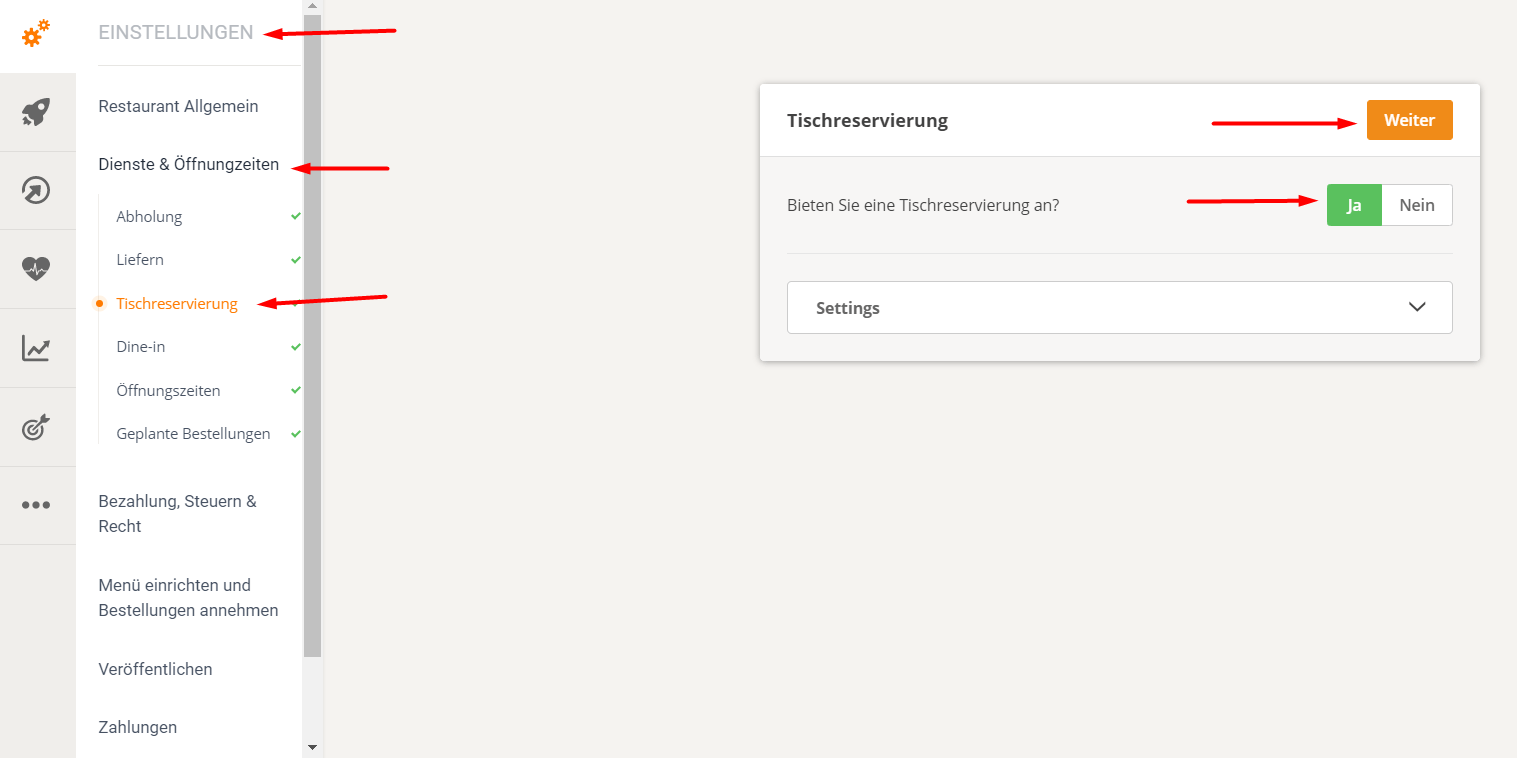 Screenshot einer Website-Oberfläche mit einem Seitenmenü, einer Schaltfläche „Speichern“ und einem Schalter in einem Einstellungsfeld.