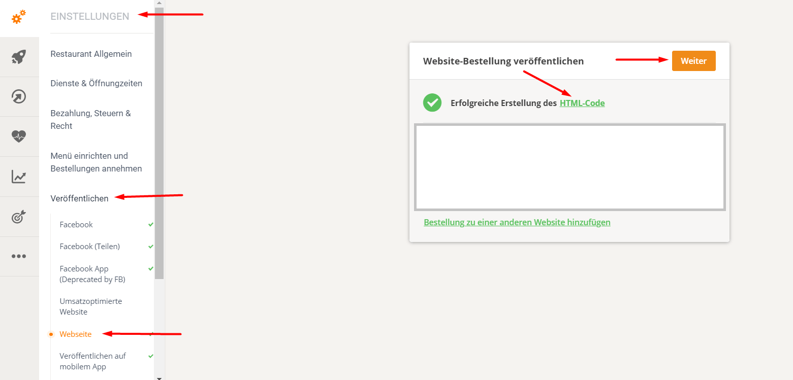 Website-Oberfläche mit Seitenmenü und einem Textfeld für eine Erfolgsmeldung.