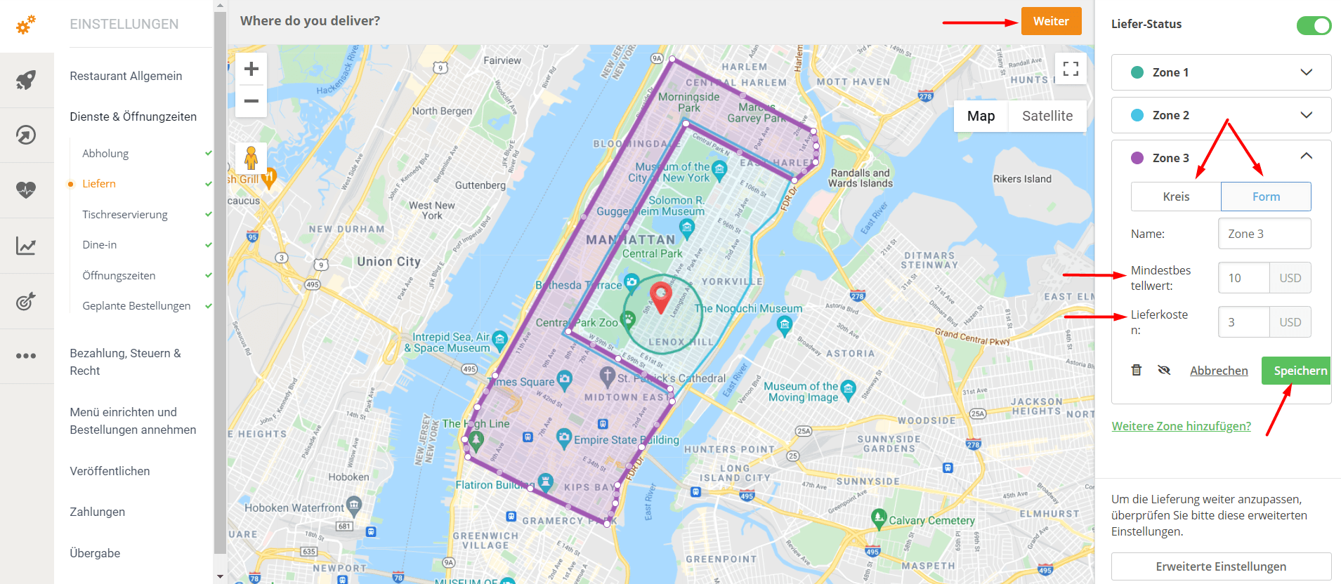 Karte von New York City mit hervorgehobenem Bereich, UI-Elemente auf der linken und rechten Seite.