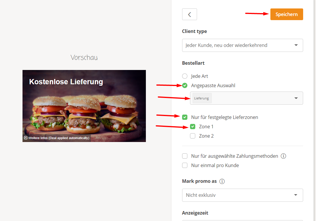 Hamburger-Werbung mit Lieferoptionen: Schaltflächen „Kostenlose Lieferung“ und „Jetzt bestellen“, Optionen für Service und Geschäft.