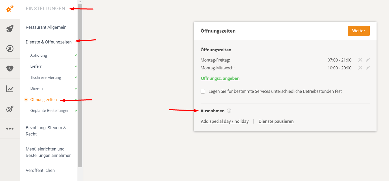 Profilseite mit Menü auf der linken Seite und Einstellungsoptionen auf der rechten Seite.