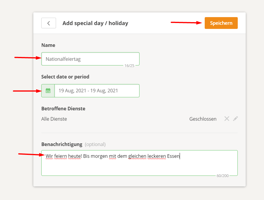 Formular zum Hinzufügen eines besonderen Tages oder Feiertags mit Feldern für Name, Datum, Leistungen und Benachrichtigungstext.