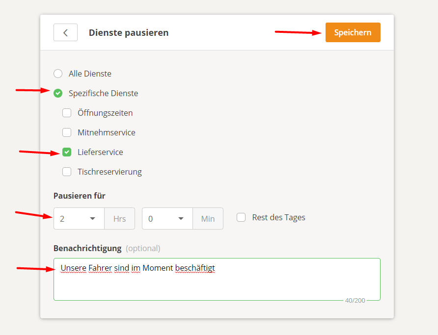 Webseite zum Pausieren von Diensten mit Optionen zur Auswahl von Diensten, Dauer und einer Benachrichtigungsnachricht.