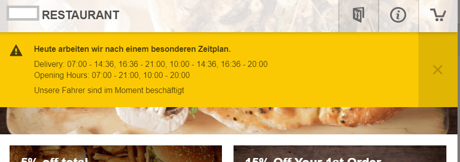 Gelbes Banner mit Text über die besonderen Öffnungszeiten und Schließzeiten eines Restaurants.