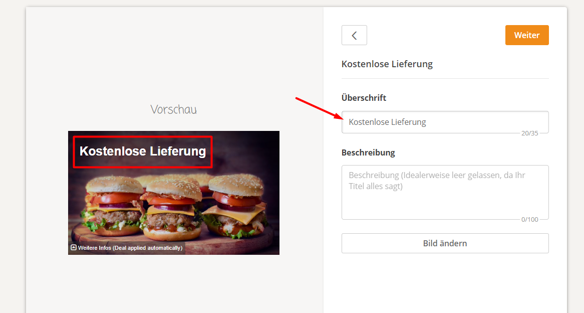 Werbung für kostenlose Lieferung mit Burgerbild. Textfeld zur Zeiteinstellung.