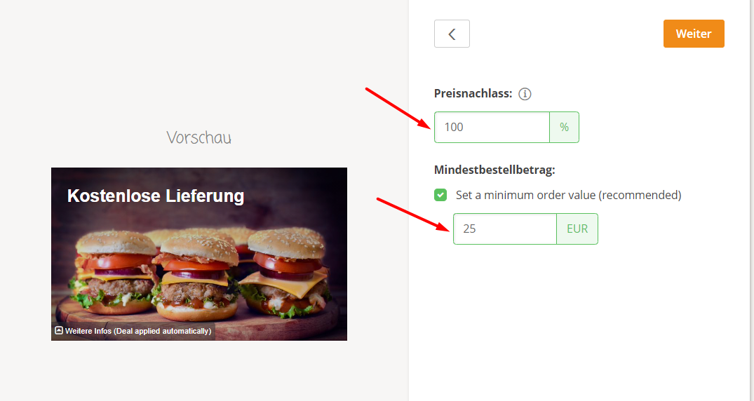 Webseite mit einer Burger-Werbung, Texteingabefeldern und dem Wort „Weiter“ (deutsch für „Next“).