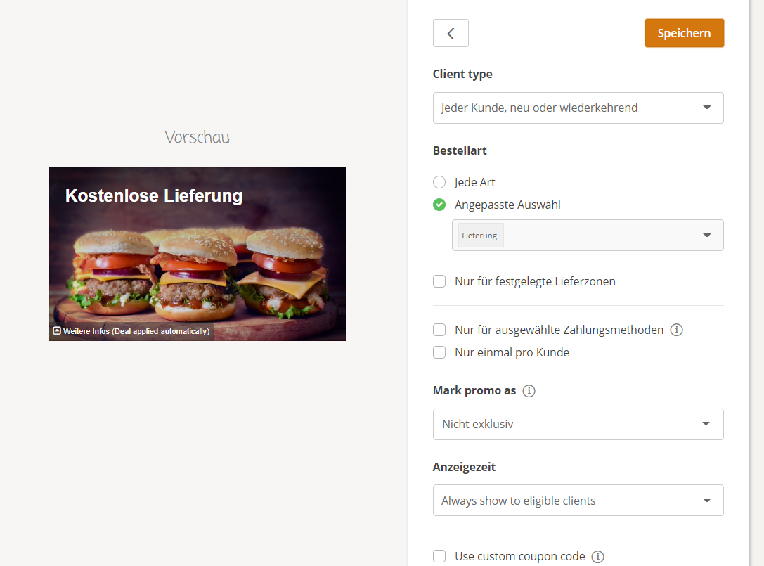 Burgers with text “Kostenlose Lieferung” and ordering form on a light background.