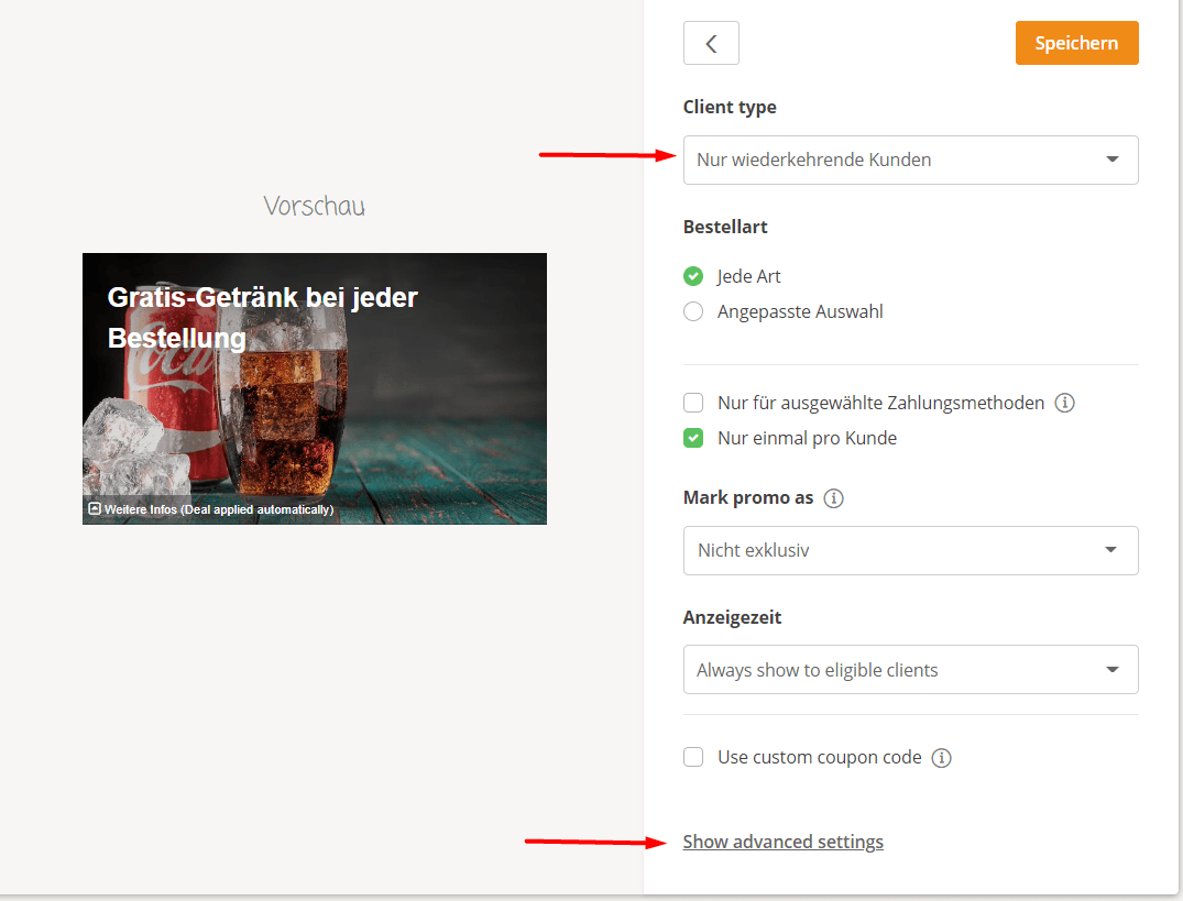 Screenshot einer Benutzeroberfläche mit einem Werbebild und Optionen zum Bearbeiten oder Konfigurieren der Werbeaktion.