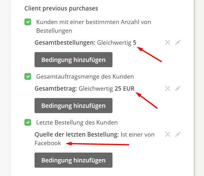 Screenshot der Kaufhistorie eines Kunden mit Filtern für Gesamtbestellungen, Gesamtbetrag und Quelle der letzten Bestellung (Facebook).
