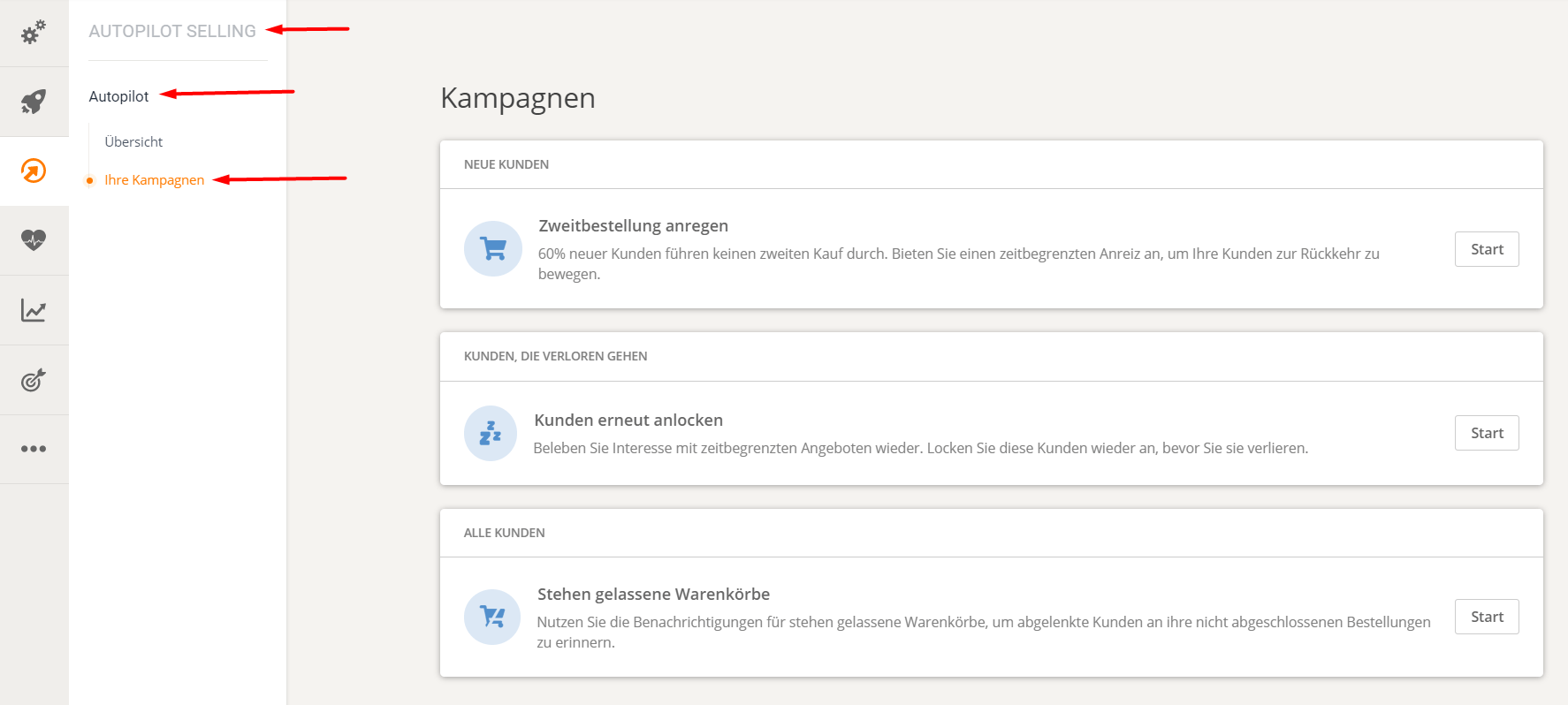 Benutzeroberfläche mit einer Liste von Elementen mit blauen Symbolen auf weißem Hintergrund und einem Navigationsmenü auf der linken Seite.