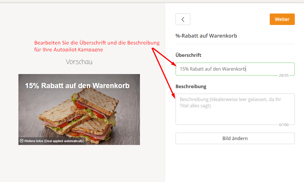 A promotional email interface showing a sandwich with text overlay: 