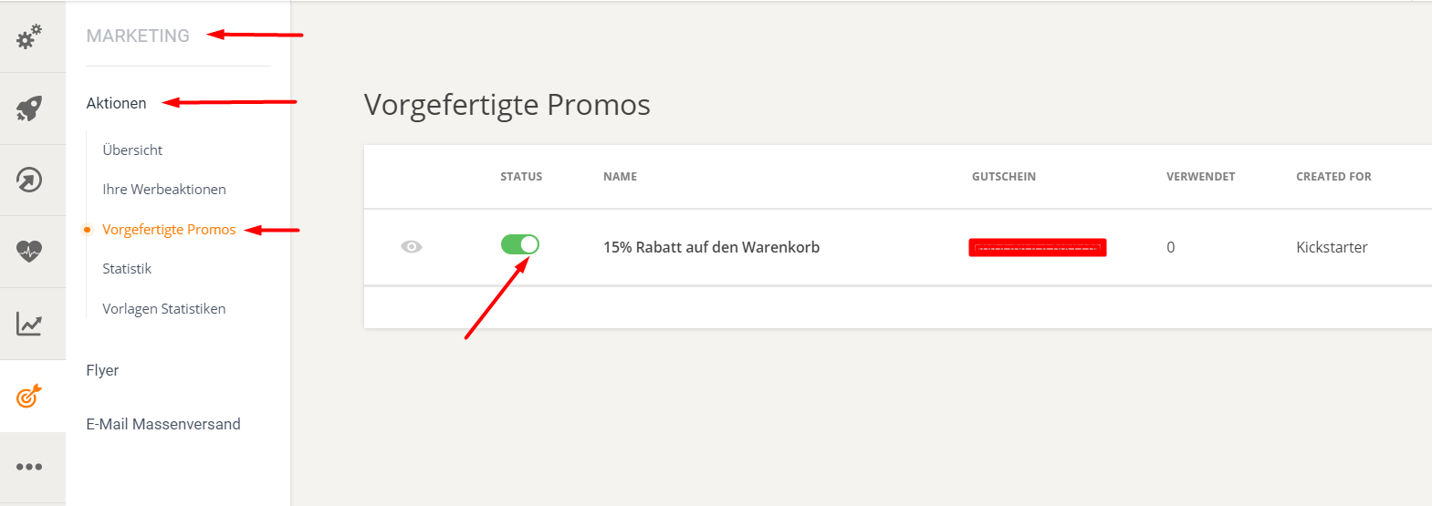 Ein Dashboard mit Menü auf der linken Seite und einer Tabelle mit einem grünen Häkchen und einem roten Knopf auf der rechten Seite.
