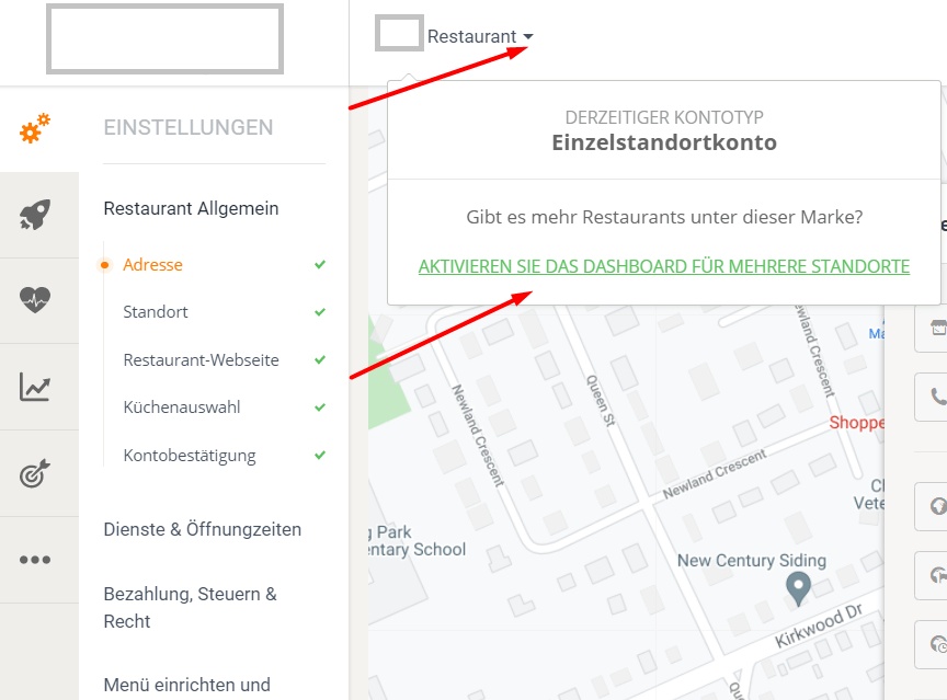 Screenshot eines Dashboards mit Einstellungen und einem Popup zu einem Restaurantkonto mit einem Standort.