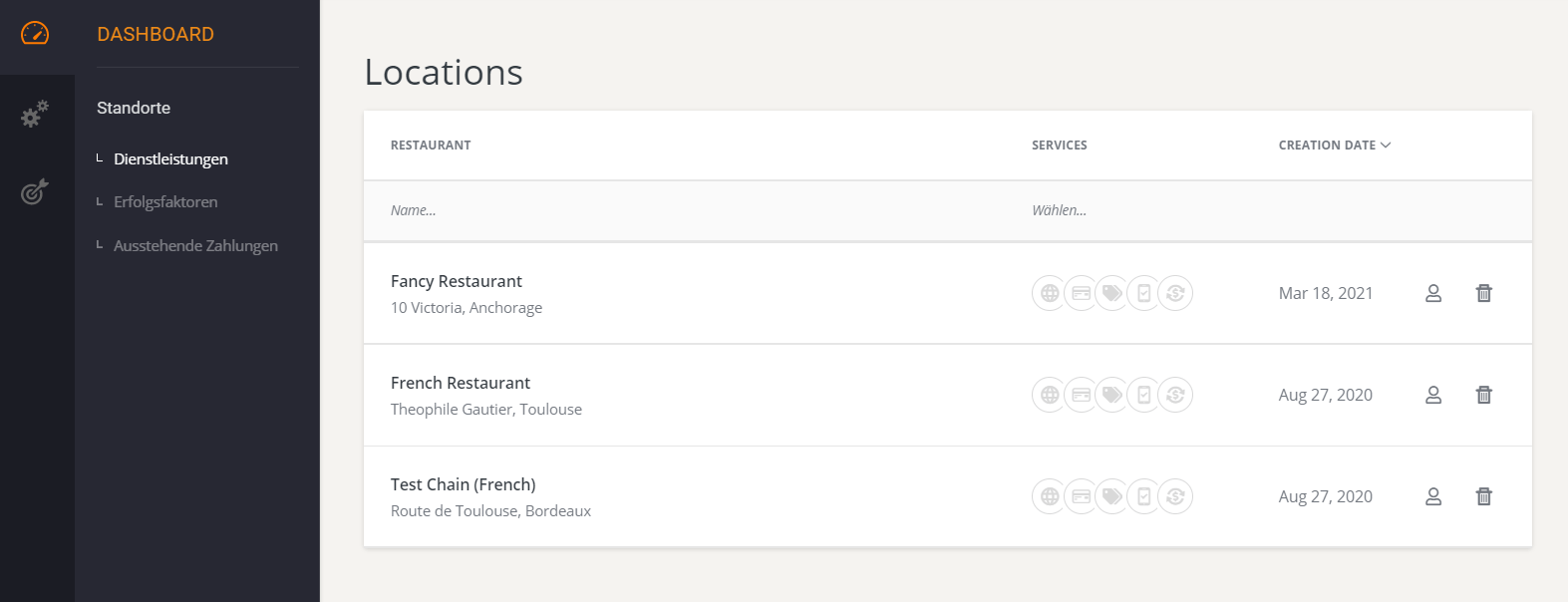 Webseite mit einer Liste „Standorte“ mit Einträgen für verschiedene Orte. Ein Seitenmenü ist sichtbar.