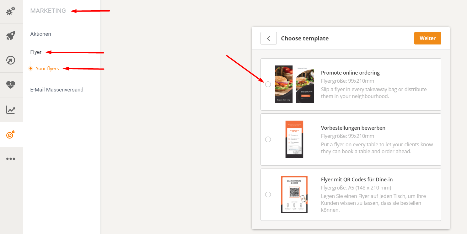 A website interface showing a list of templates with food-related marketing material.