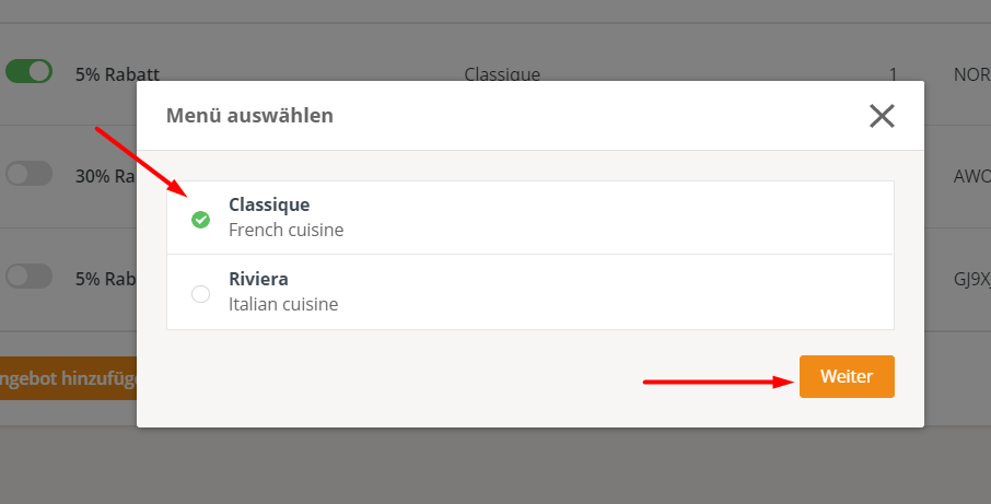 Ein Menüauswahlfenster zeigt die mit einem Häkchen markierte Option „Classique“ an. Die Schaltfläche „Weiter“ ist hervorgehoben.
