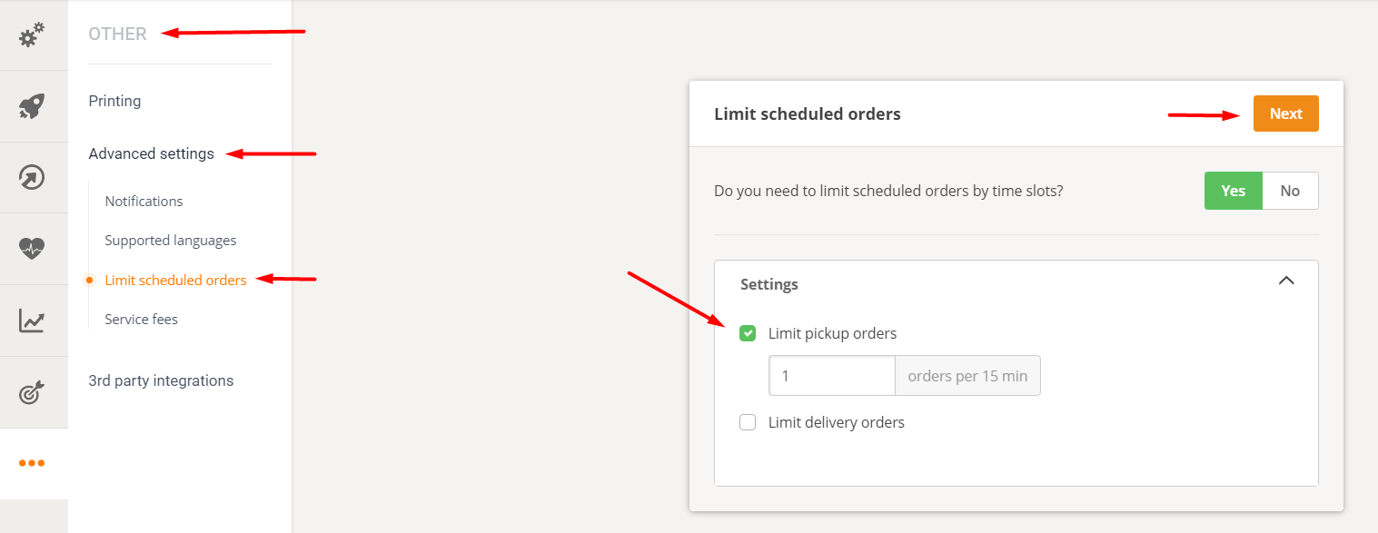 Screenshot einer Benutzeroberfläche mit mehreren durch Pfeile gekennzeichneten Abschnitten, darunter Einstellungen und die Schaltfläche „Weiter“.