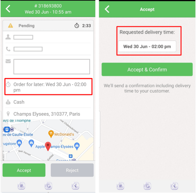 Screenshots einer Liefer-App, die Bestelldetails und eine gewünschte Lieferzeit von 14:00 Uhr zeigen.