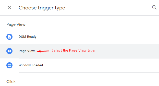 Screenshot, der das Menü „Triggertyp auswählen“ zeigt, wobei „Seitenansicht“ zur Auswahl hervorgehoben ist.