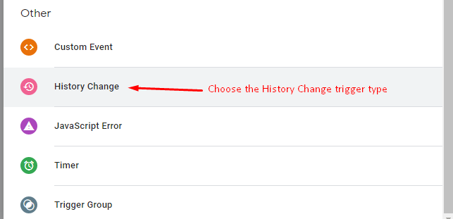 Screenshot von Google Tag Manager, der den Trigger-Typ „Verlaufänderung“ hervorhebt.