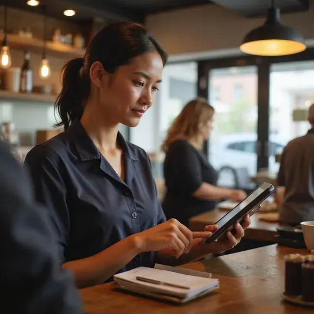 Frau in einem Café, die an einem Tresen ein Tablet mit einem Notizbuch benutzt.