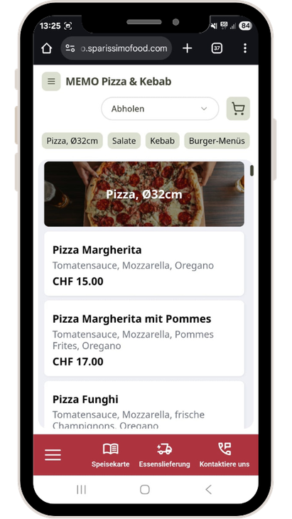 Screenshot einer mobilen Pizza-Bestell-App, die ein Menü mit Pizza-Optionen zeigt.