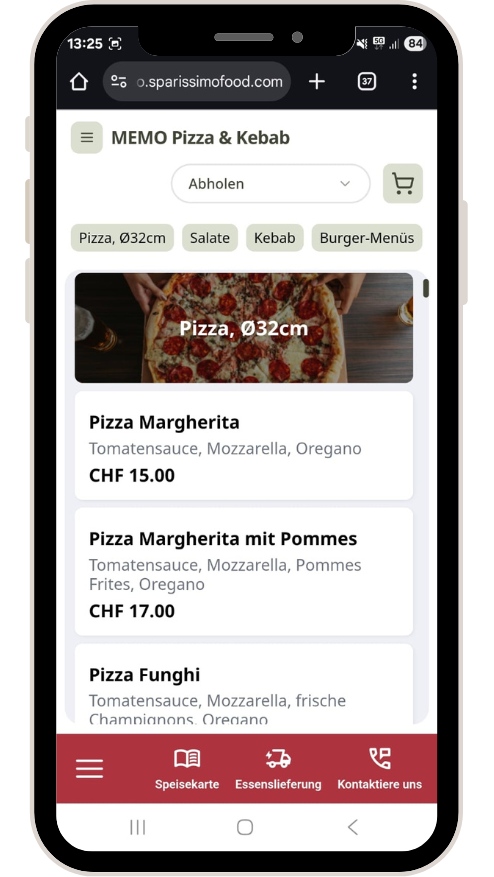 Auf dem Bildschirm eines Mobiltelefons wird die Online-Speisekarte von MIMO Pizza & Kebab angezeigt. Darunter befindet sich eine Pizza Margherita.