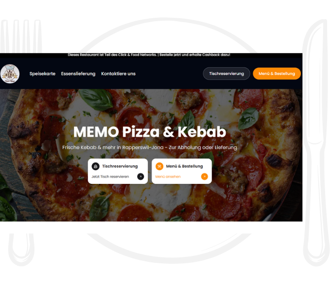 MEMO Pizza & Kebab Webseite mit Pizza- und Bestellbuttons.