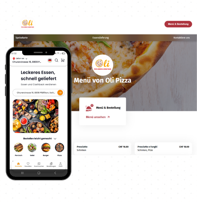 Smartphone mit App und Website, die die Speisekarte von Oli Pizza und die Bestellmöglichkeiten anzeigt.