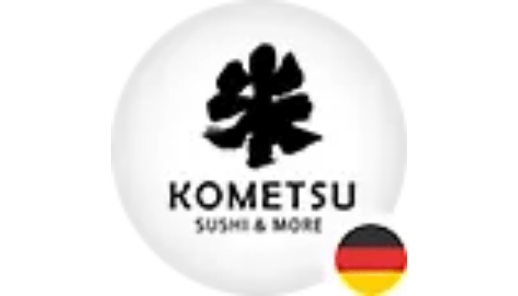 Logo for Kometzu Sushi & More. Features a black symbol over text against a white background with a German flag.