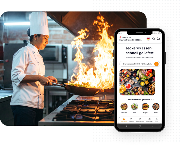 Ein Koch bereitet Speisen über offenem Feuer zu, daneben ist ein Handybildschirm zu sehen, auf dem eine Essens-App mit Gerichten angezeigt wird.