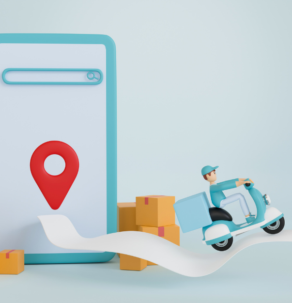 Lieferant auf einem Roller mit Kartons, in der Nähe eines Tablets und einer Standortmarkierung.