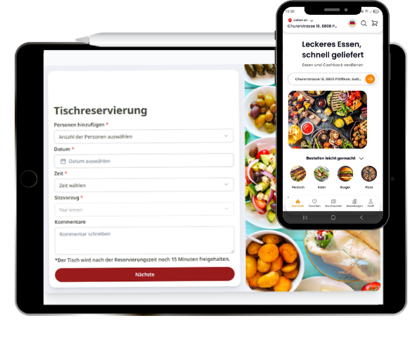 Auf einem Tablet und einem Smartphone werden ein Tischreservierungsformular und die Speisekarte eines Restaurants angezeigt.