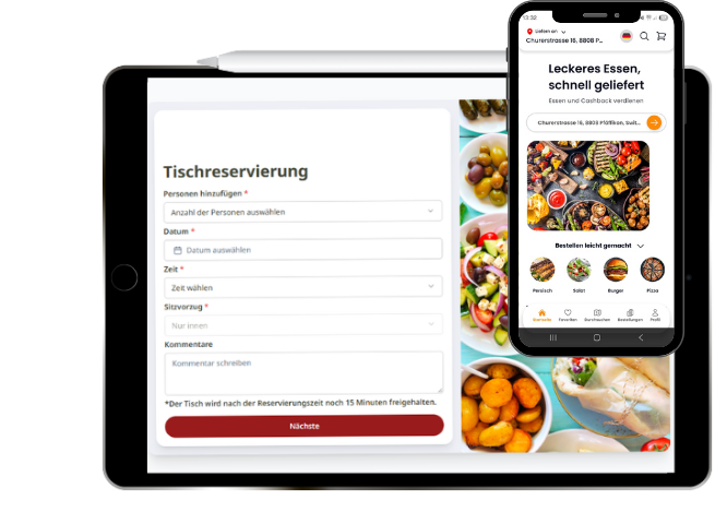 Auf einem Tablet und einem Smartphone werden ein Tischreservierungsformular bzw. eine App zur Essensbestellung angezeigt.