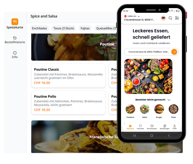 Menü und Benutzeroberfläche der Essensliefer-App: Poutine-Gerichte werden auf einer Website aufgelistet, die App zeigt Bilder der Gerichte an.