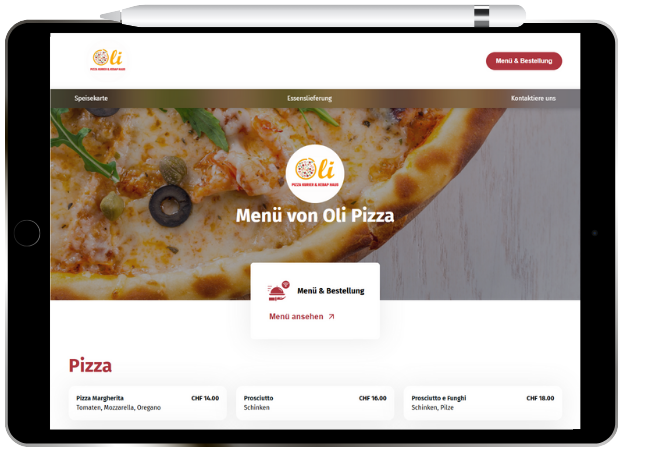 IPad mit Anzeige des Oli Pizza-Menüs: Pizzabild, Logo, Navigation und Menüoptionen.
